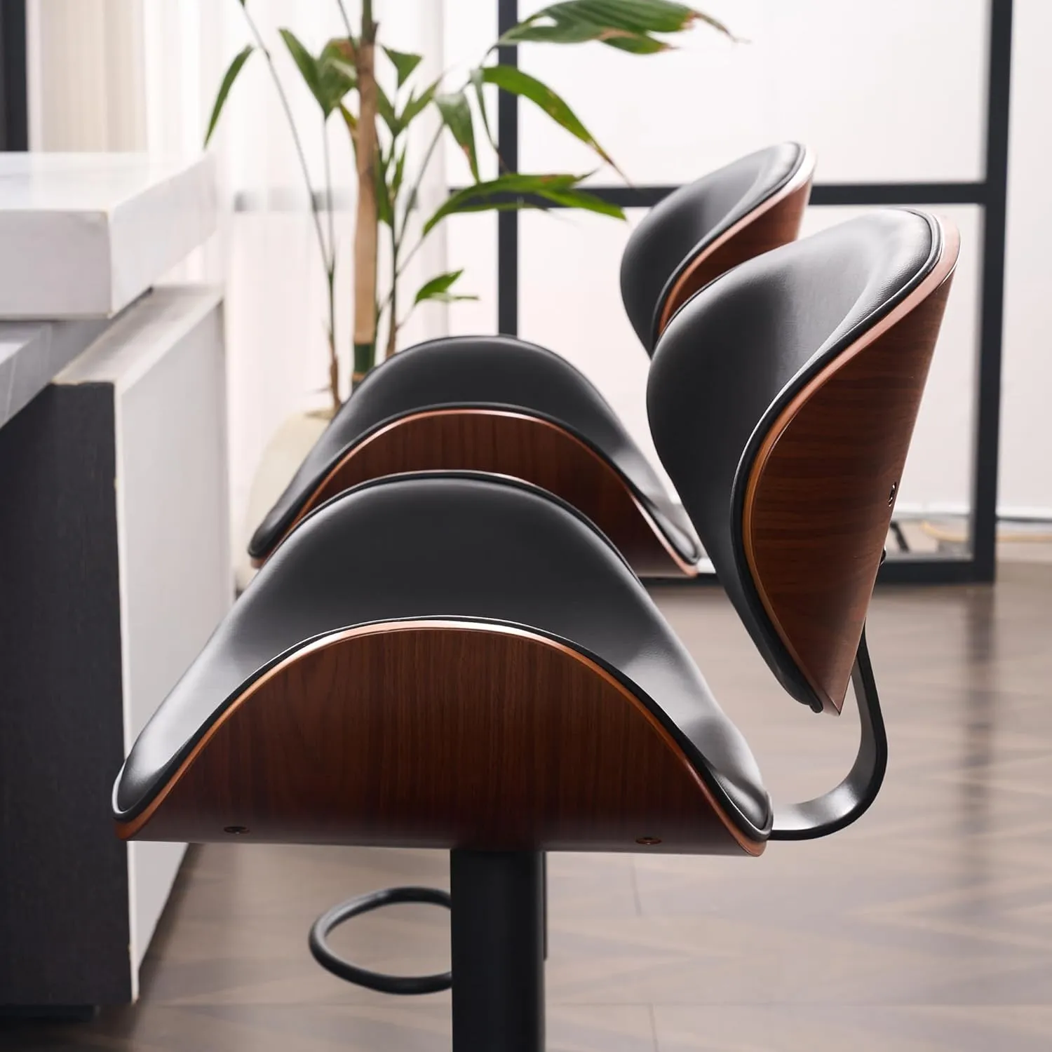 Kidol & Shellder Black 4 Large Bar Stools with Back 21" Wide Modern Swivel Adjustable Height Bar Chairs with Footrest PU Leather Upholstered Bentwood Barstools for Kitchen Counter Island 330LBS Load