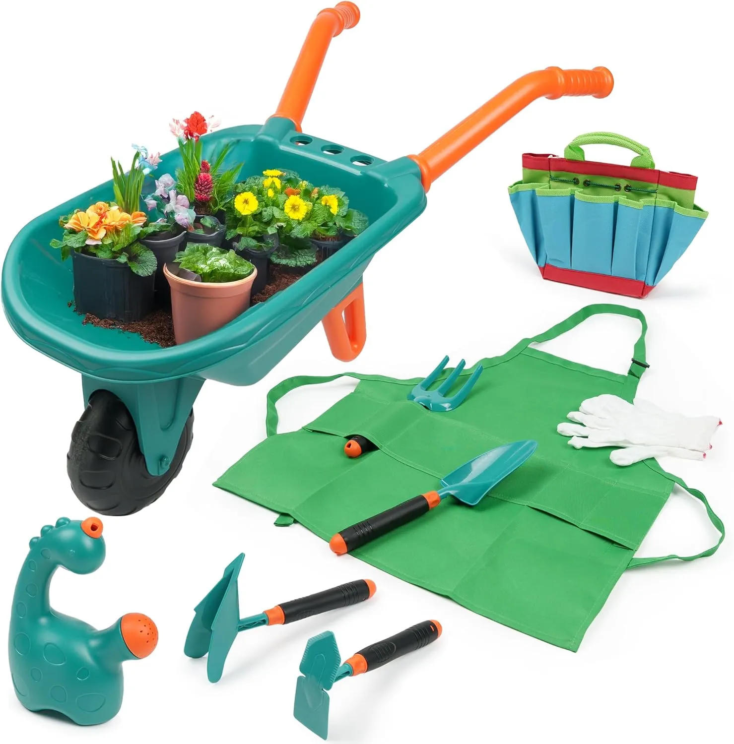 Kids Wheelbarrow with Garden Tool Set, Outdoor Toys Gardening Set for Toddlers 3 , Watering Can, Gloves, Hand Hoe, Washable Apron, Shovel and Fork, Gift for Boys Girls (Green)