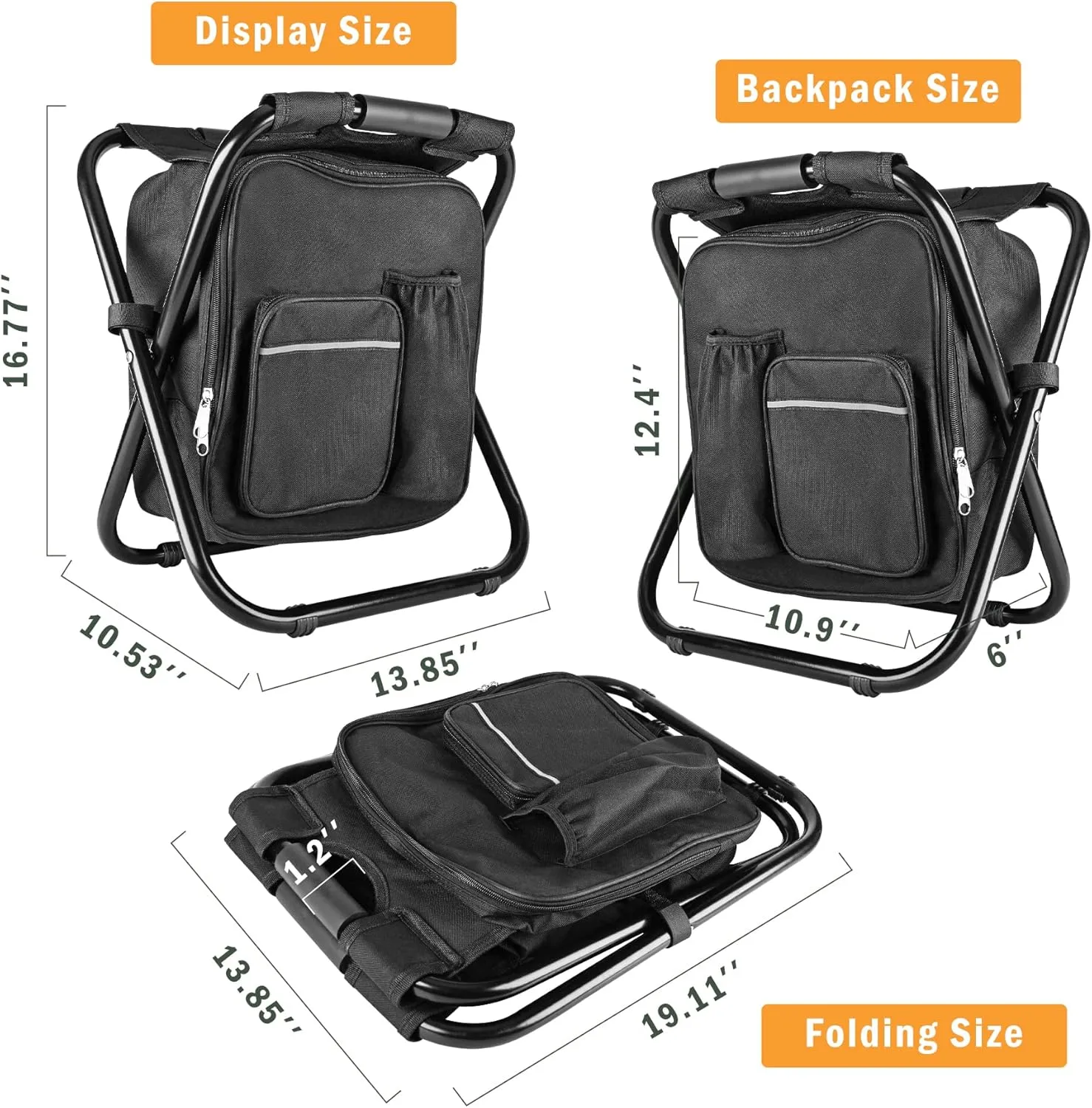 Kikerike Backpack Stool Cooler Chair Heavy Duty 400 LBS Max Load Portable Lightweight Folding Fishing Cooler for Camping Hunting Fishing - Black