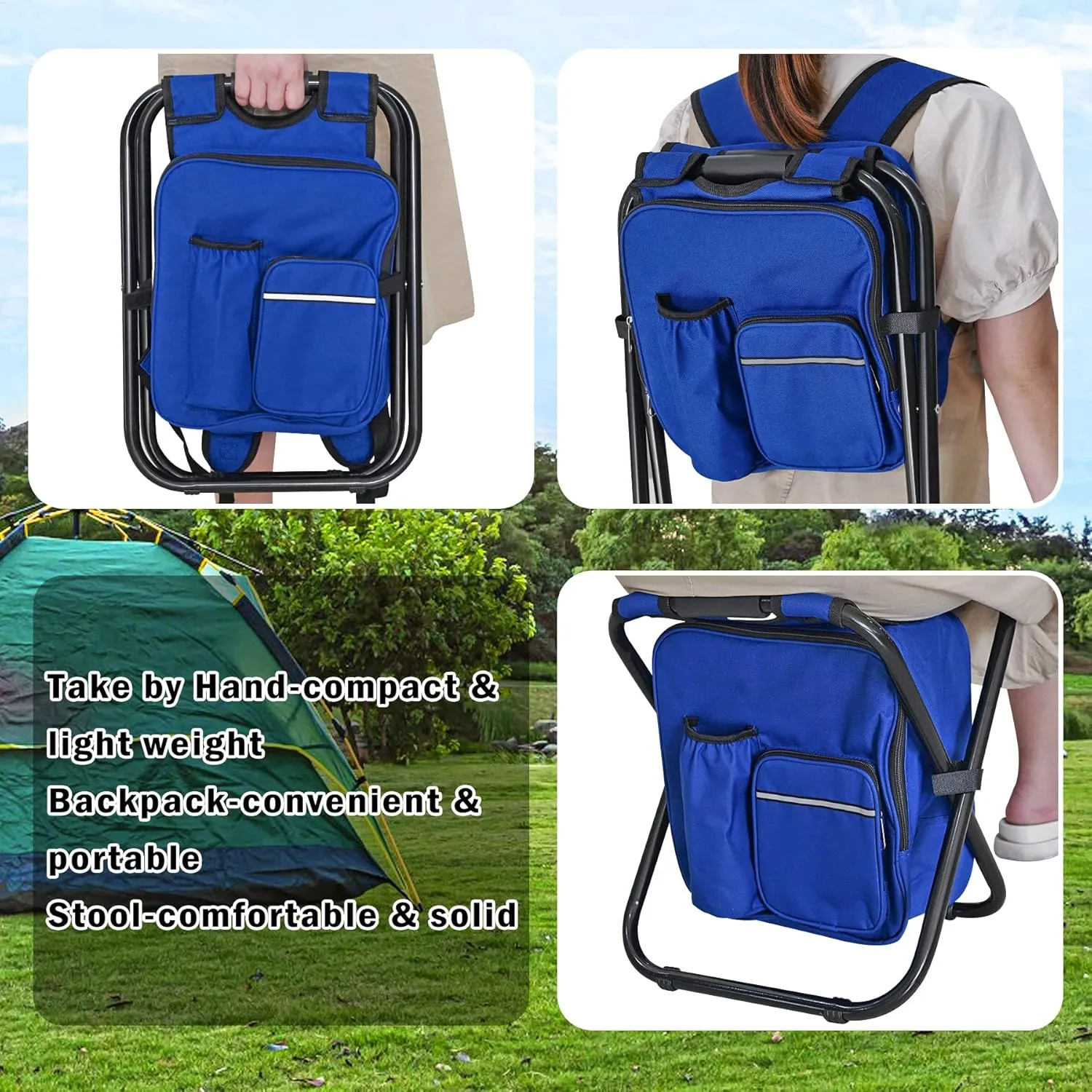 Kikerike Backpack Stool Cooler Chair Heavy Duty 400 LBS Max Load Portable Lightweight Stool Backpack Folding Fishing Cooler Seat for Camping Hunting Fishing - Dark Blue