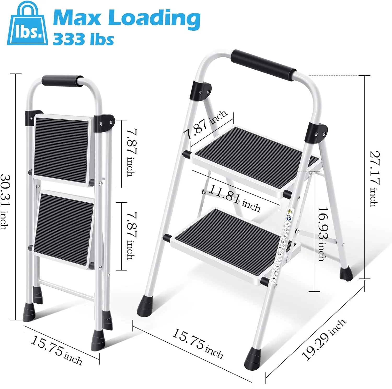 KINGRACK 2 Step Ladder, Folding Step Stool with Anti-Slip and Wide Pedal, Lightweight Stepladder with Handrails, Portable for Kitchen, Household, 330LBS, White