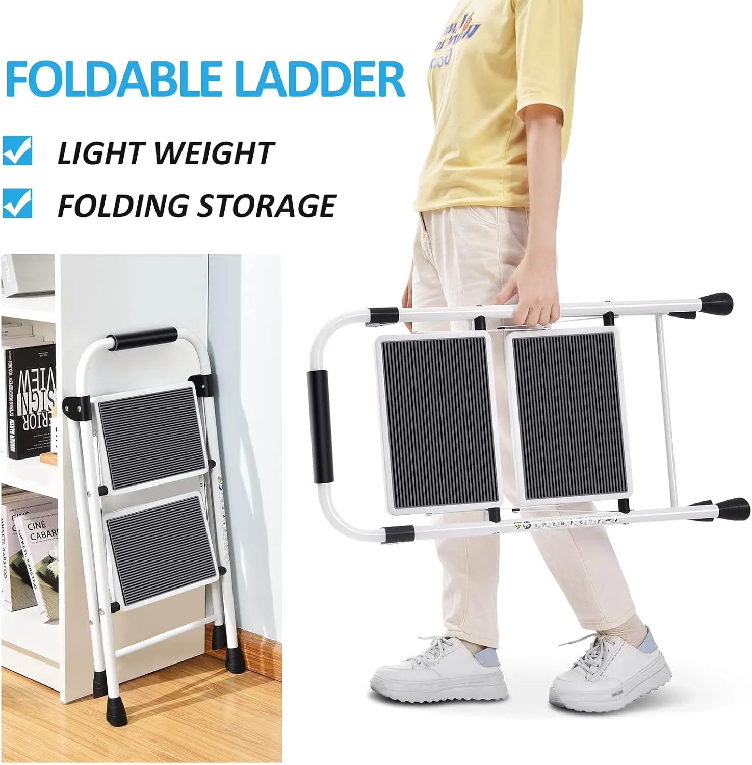 KINGRACK 2 Step Ladder, Folding Step Stool with Anti-Slip and Wide Pedal, Lightweight Stepladder with Handrails, Portable for Kitchen, Household, 330LBS, White
