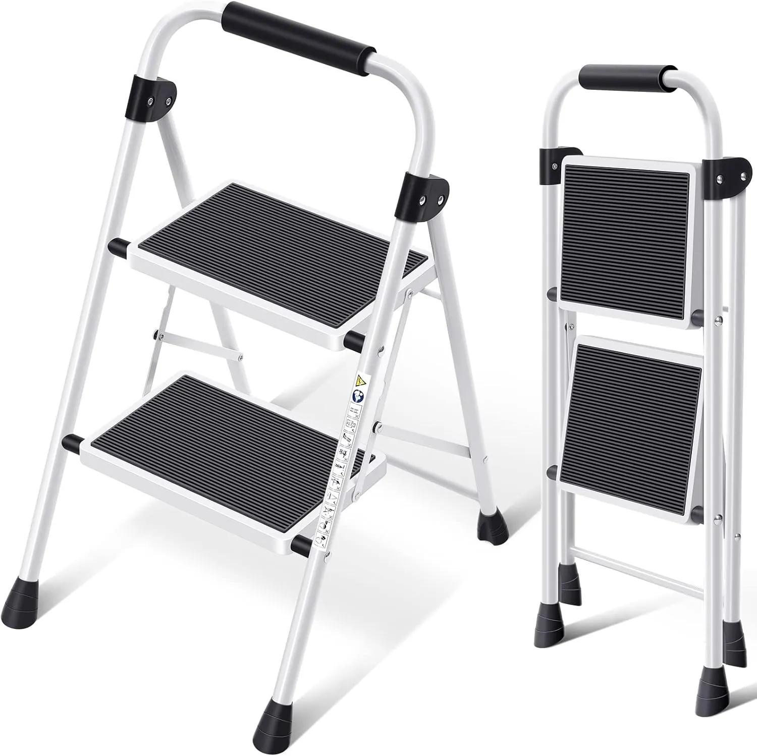 KINGRACK 2 Step Ladder, Folding Step Stool with Anti-Slip and Wide Pedal, Lightweight Stepladder with Handrails, Portable for Kitchen, Household, 330LBS, White