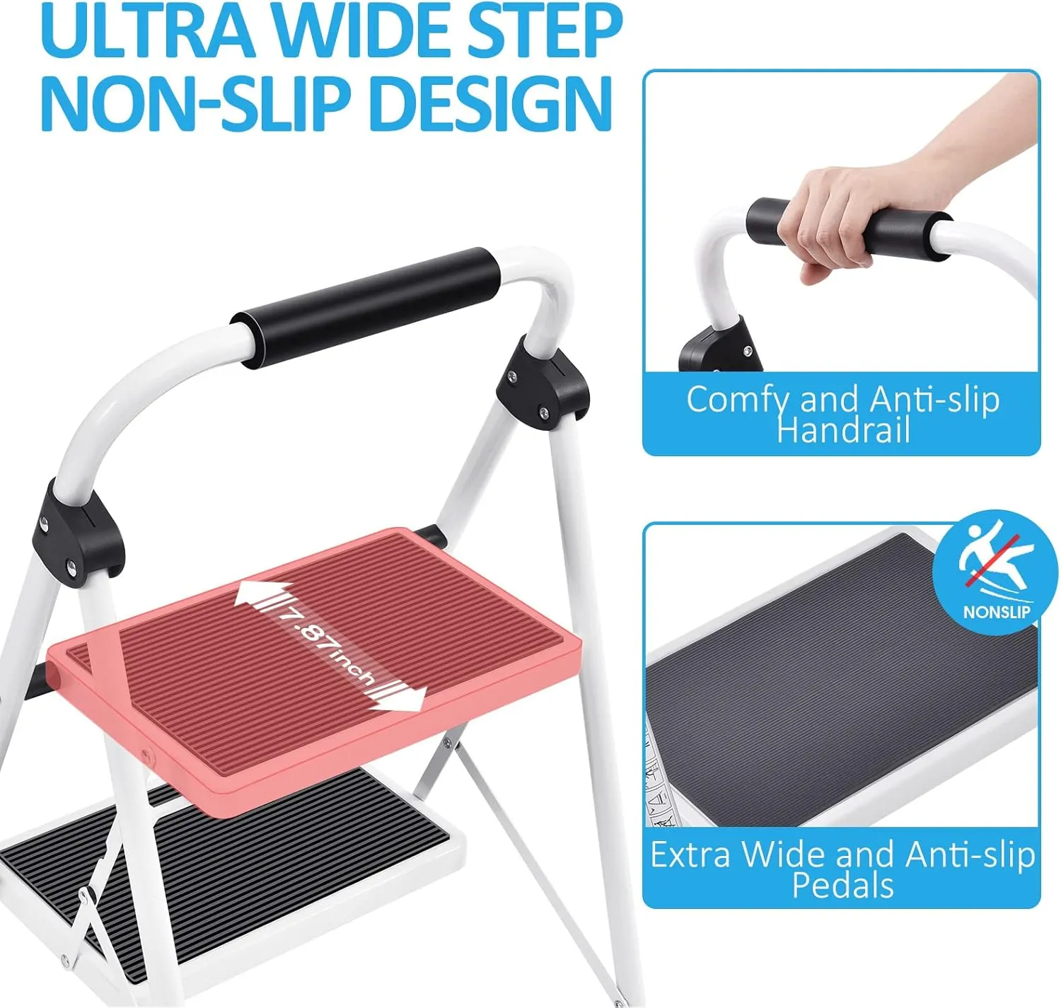 KINGRACK 2 Step Ladder, Folding Step Stool with Anti-Slip and Wide Pedal, Lightweight Stepladder with Handrails, Portable for Kitchen, Household, 330LBS, White