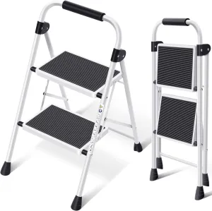 KINGRACK 2 Step Ladder, Folding Step Stool with Anti-Slip and Wide Pedal, Lightweight Stepladder with Handrails, Portable for Kitchen, Household, 330LBS, White