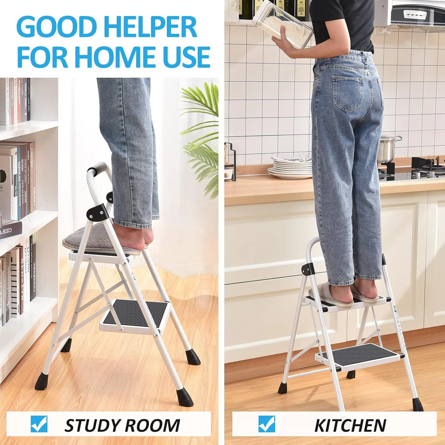 KINGRACK 2 Step Ladder, Folding Step Stool with Anti-Slip and Wide Pedal, Lightweight Stepladder with Handrails, Portable for Kitchen, Household, 330LBS, White