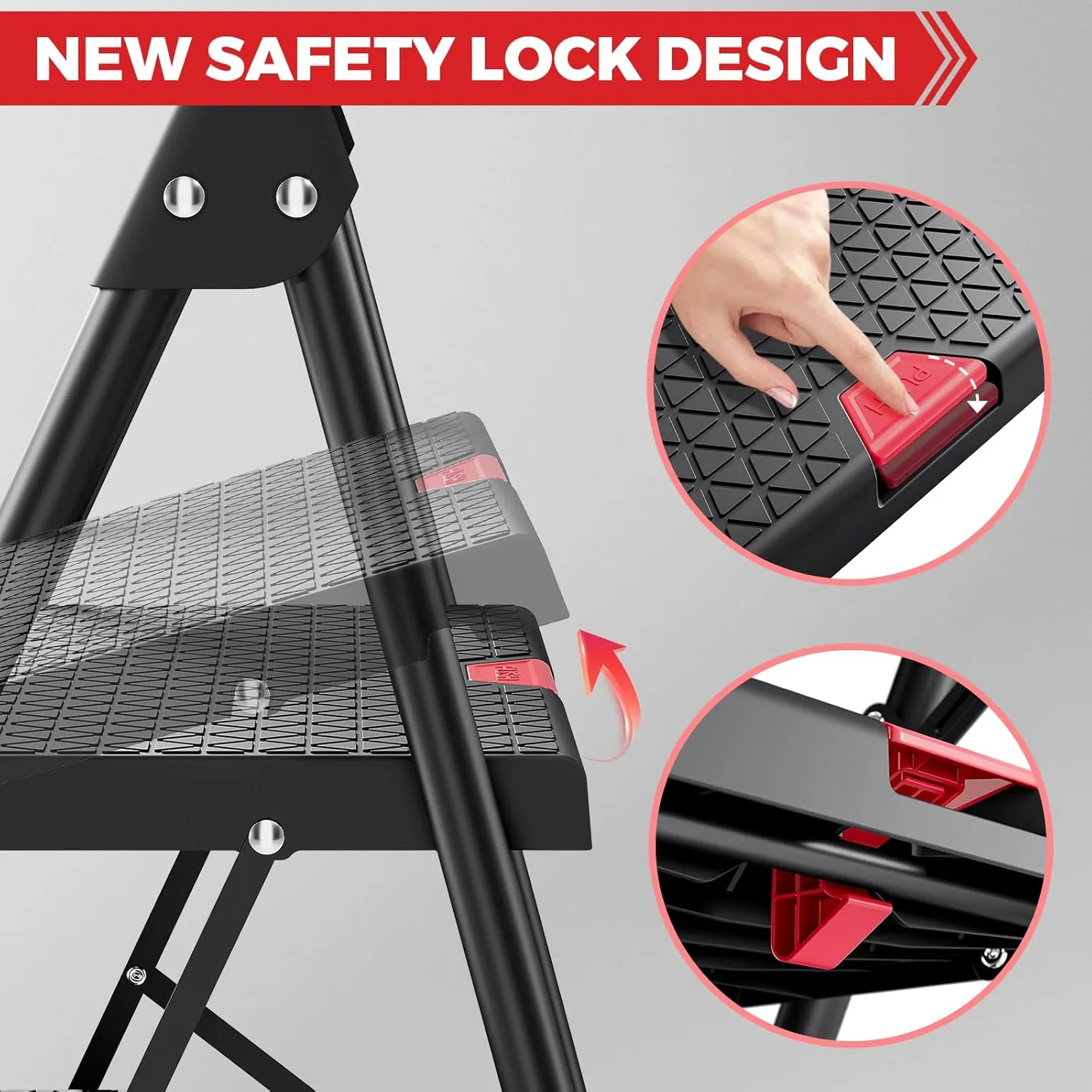 KINGRACK 3 Step Ladder, Sturdy Step Stool with Handrail, Wide Anti-Slip Pedals, 800lbs Max Load Capacity, Folding Step Stool for Home, Kitchen, Black