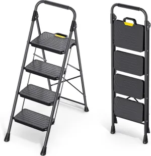 KINGRACK 4 Step Ladder, Sturdy Steel Step Stool with Anti-Slip Wide Pedals, Handrail, Safe-Lock Design, Pass 800lbs Load Testing, Folding Portable Ladder for Multi-Purpose, Home, Kitchen, Black