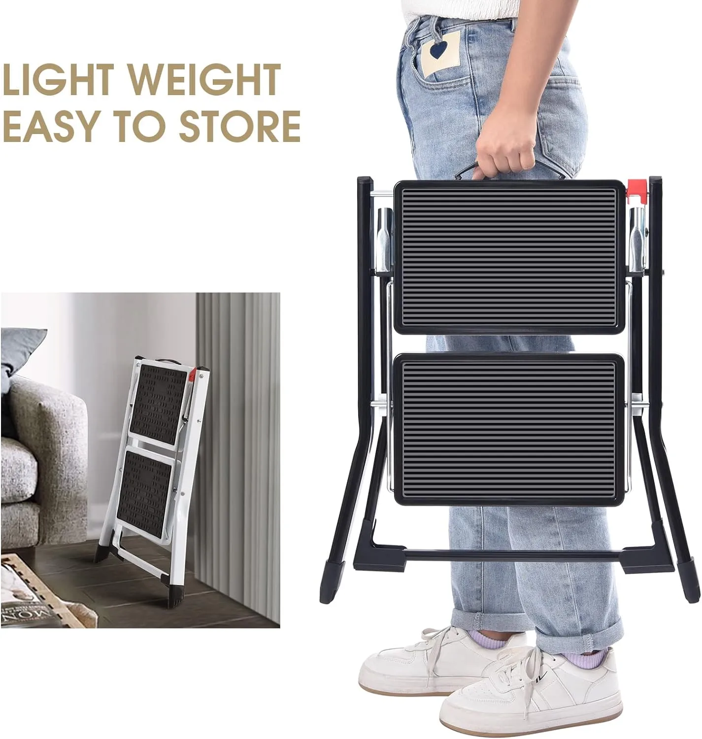 KINGRACK Folding Step, 2 Step Stepladder, Foldable, Ladder with Non-Slip Rubber mat, Step Stool with Release Button, Light Steel, for up to 330lbs, Black