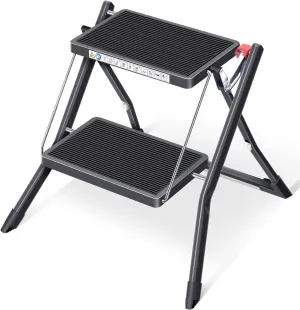 KINGRACK Folding Step, 2 Step Stepladder, Foldable, Ladder with Non-Slip Rubber mat, Step Stool with Release Button, Light Steel, for up to 330lbs, Black
