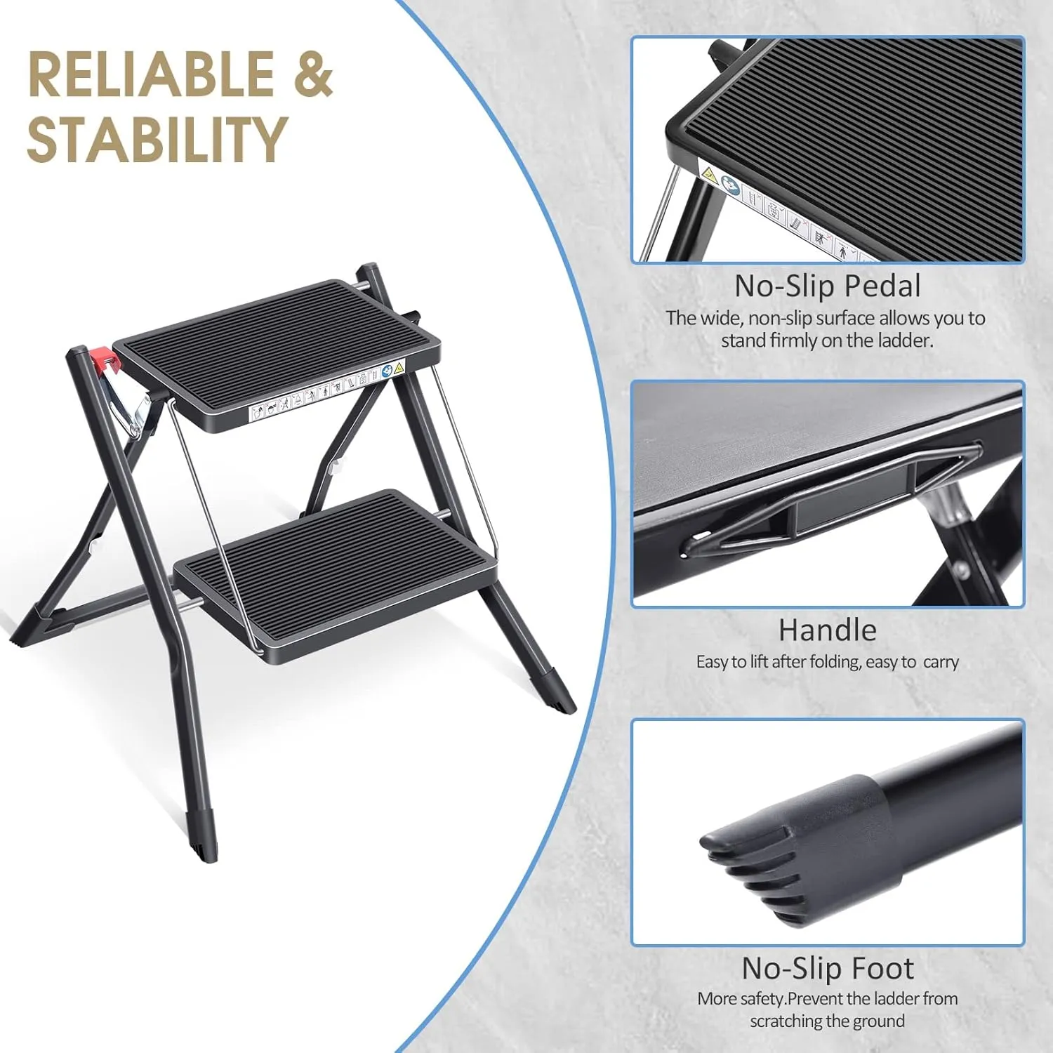 KINGRACK Folding Step, 2 Step Stepladder, Foldable, Ladder with Non-Slip Rubber mat, Step Stool with Release Button, Light Steel, for up to 330lbs, Black