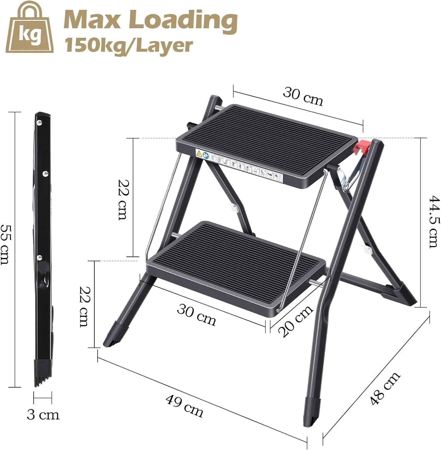 KINGRACK Folding Step, 2 Step Stepladder, Foldable, Ladder with Non-Slip Rubber mat, Step Stool with Release Button, Light Steel, for up to 330lbs, Black