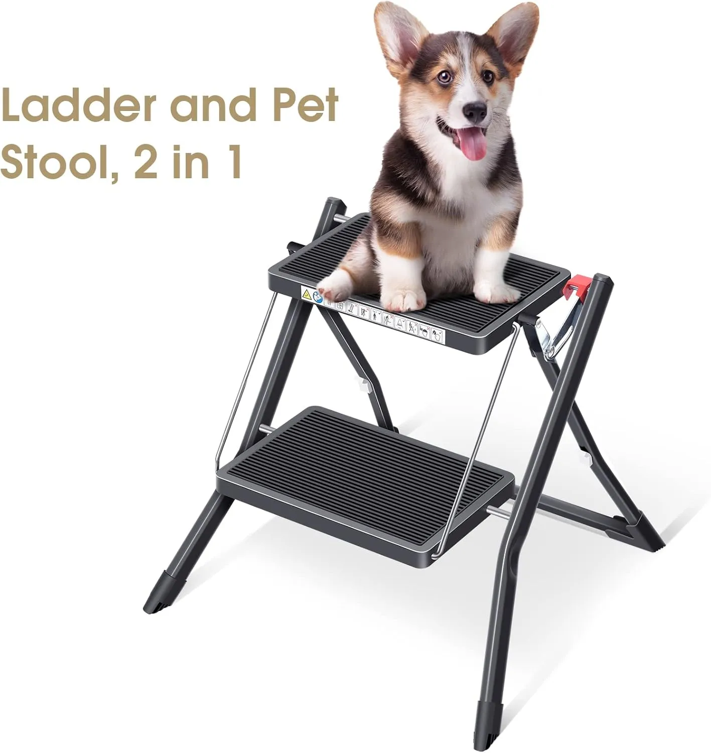 KINGRACK Folding Step, 2 Step Stepladder, Foldable, Ladder with Non-Slip Rubber mat, Step Stool with Release Button, Light Steel, for up to 330lbs, Black