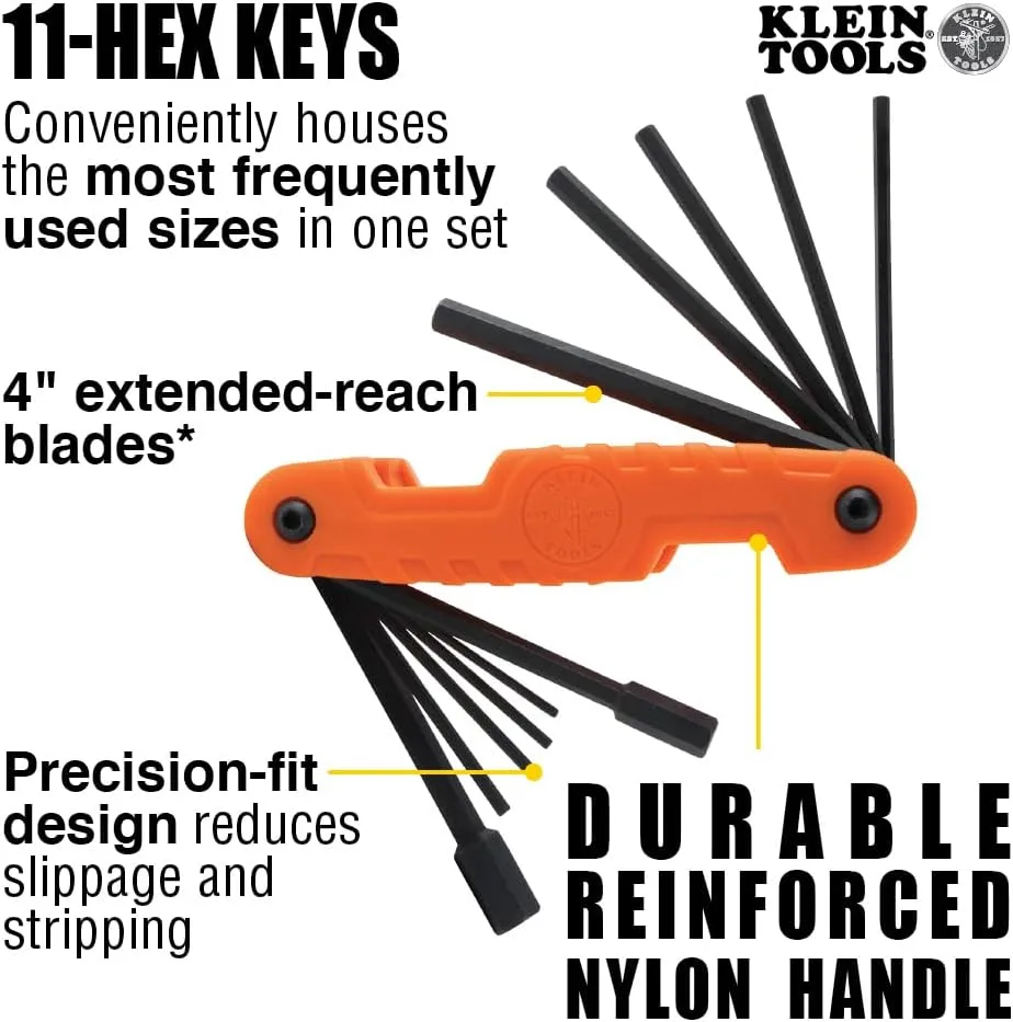 Klein Tools 70550 Hex Wrench Key Set, 11 SAE Sizes, Heavy Duty Folding Allen Wrench Tool with Extra Long Hex Keys
