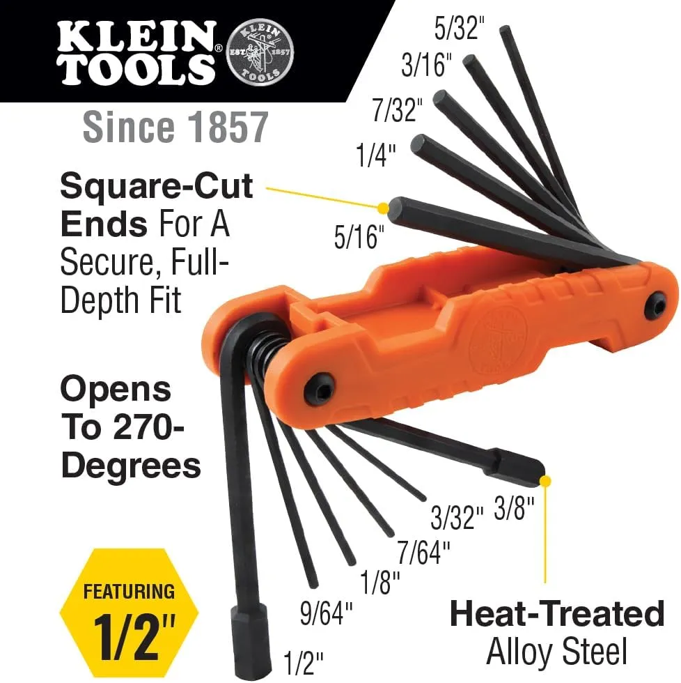 Klein Tools 70550 Hex Wrench Key Set, 11 SAE Sizes, Heavy Duty Folding Allen Wrench Tool with Extra Long Hex Keys