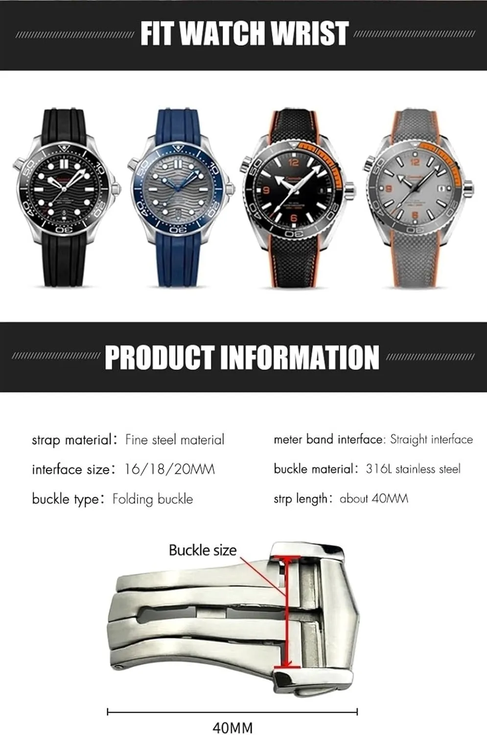 KLVN 18mm 20mm Pointed Deployment Watch Buckle For Omega Rubber Leather Strap Black Rose Gold Stainless Steel Butterfly Clasp