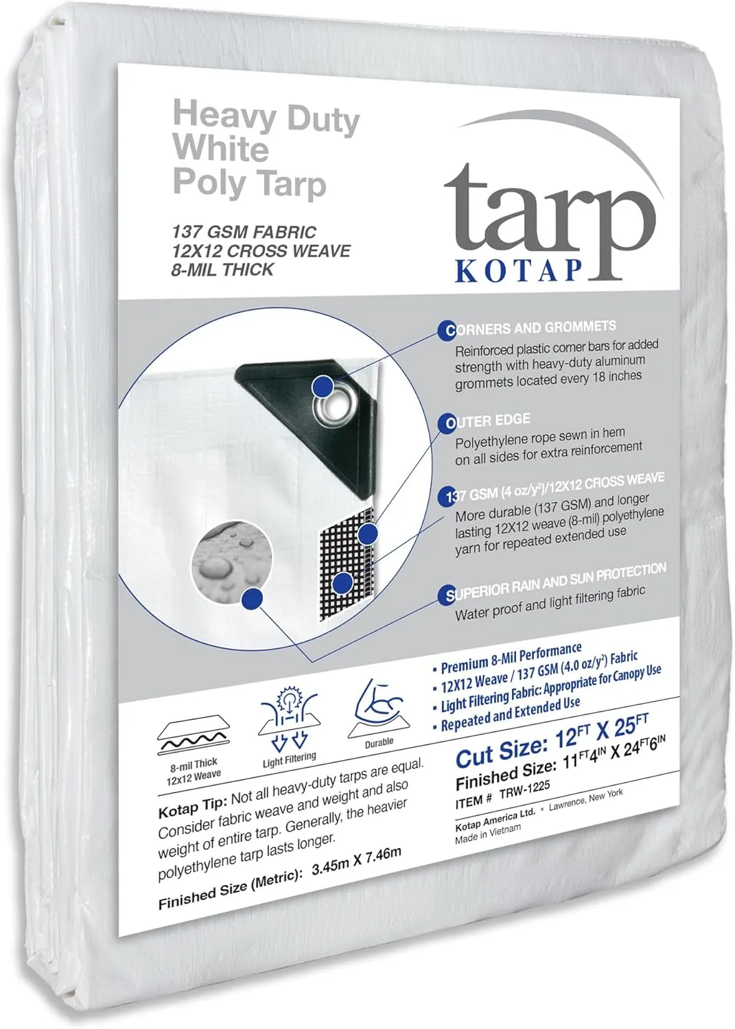 Kotap 12 x 25 Ft. Heavy-Duty Protection/Coverage Tarp, Superior Weave for Greater Longevity 8-mil, Multi-Use, Waterproof, White, 1-Pack (TRW-1225)