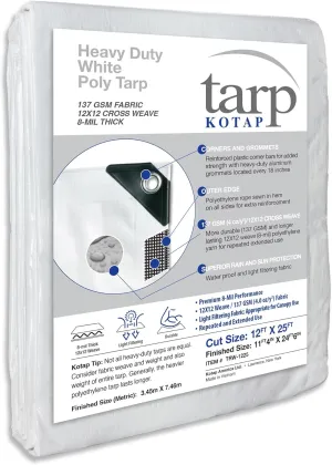 Kotap 12 x 25 Ft. Heavy-Duty Protection/Coverage Tarp, Superior Weave for Greater Longevity 8-mil, Multi-Use, Waterproof, White, 1-Pack (TRW-1225)