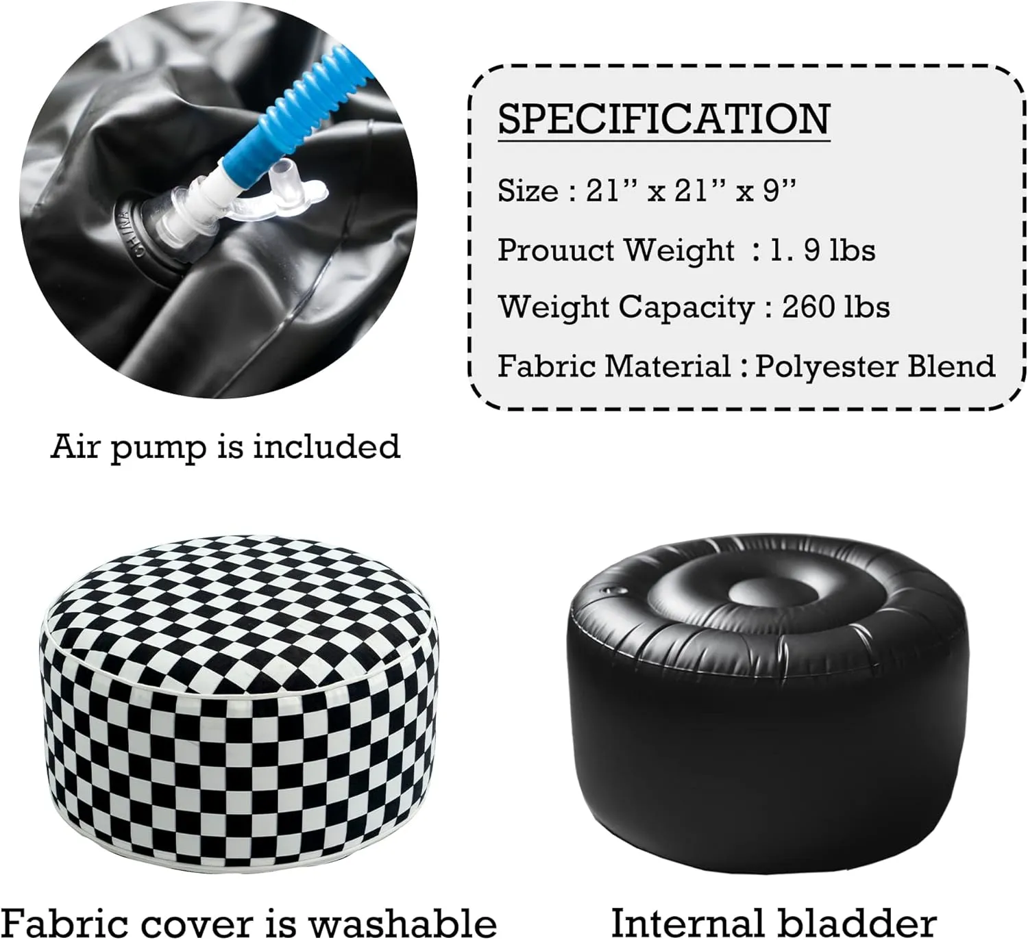 Kozyard Inflatable Ottoman Stool - Portable Round Pouf for Indoor/Outdoor Use - Perfect Small Foot Rest or Seating for Kids and Adults - Ideal for Camping or Home (Checker-Board)