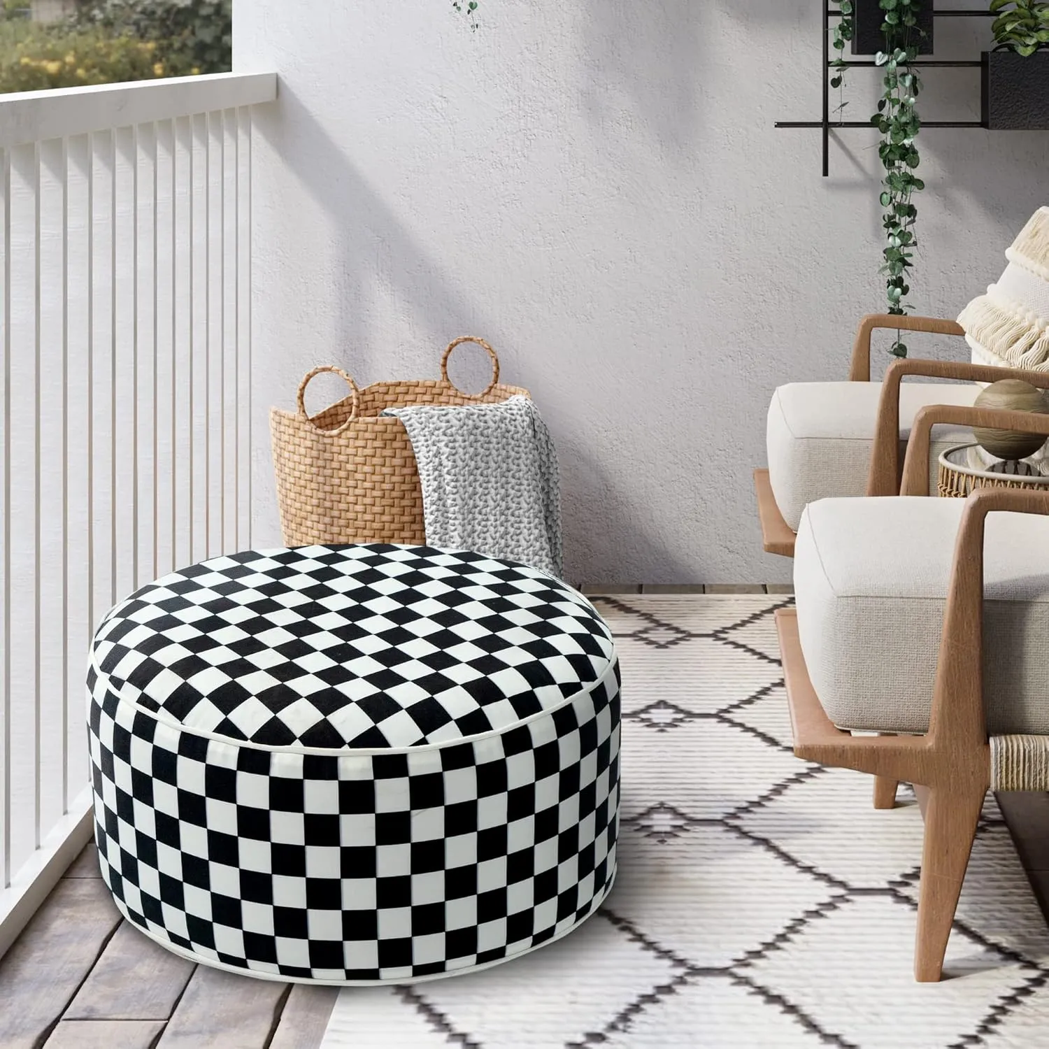 Kozyard Inflatable Ottoman Stool - Portable Round Pouf for Indoor/Outdoor Use - Perfect Small Foot Rest or Seating for Kids and Adults - Ideal for Camping or Home (Checker-Board)