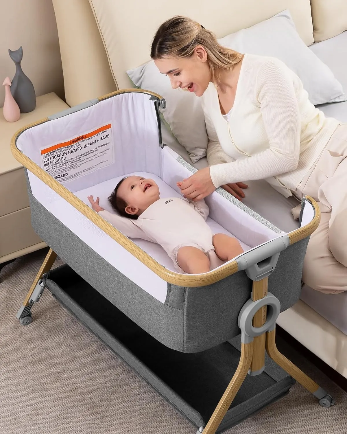 Larex 3 in 1 Baby Bassinet Bedside Sleeper, Breathable Mesh Safe Bedside Bassinet for Baby, Easy Assemble and Folding Portable Crib, 5 Height Adjustable Bedside Crib with Storage Basket, Mattress