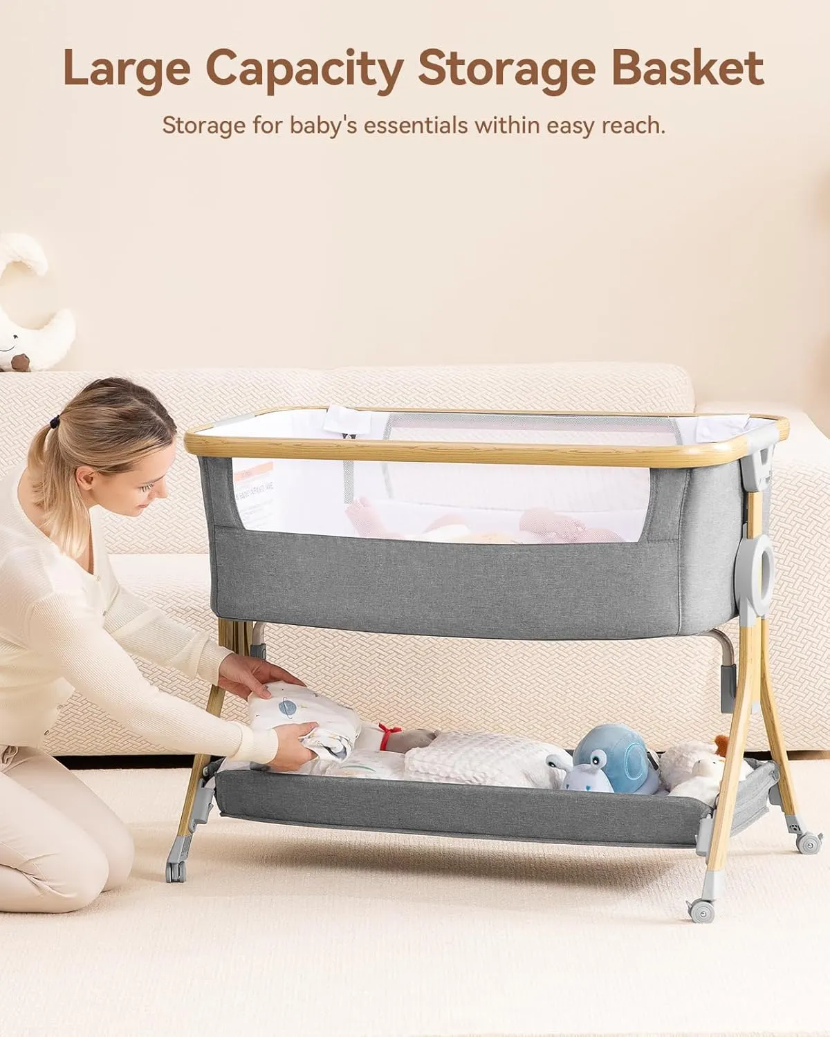 Larex 3 in 1 Baby Bassinet Bedside Sleeper, Breathable Mesh Safe Bedside Bassinet for Baby, Easy Assemble and Folding Portable Crib, 5 Height Adjustable Bedside Crib with Storage Basket, Mattress