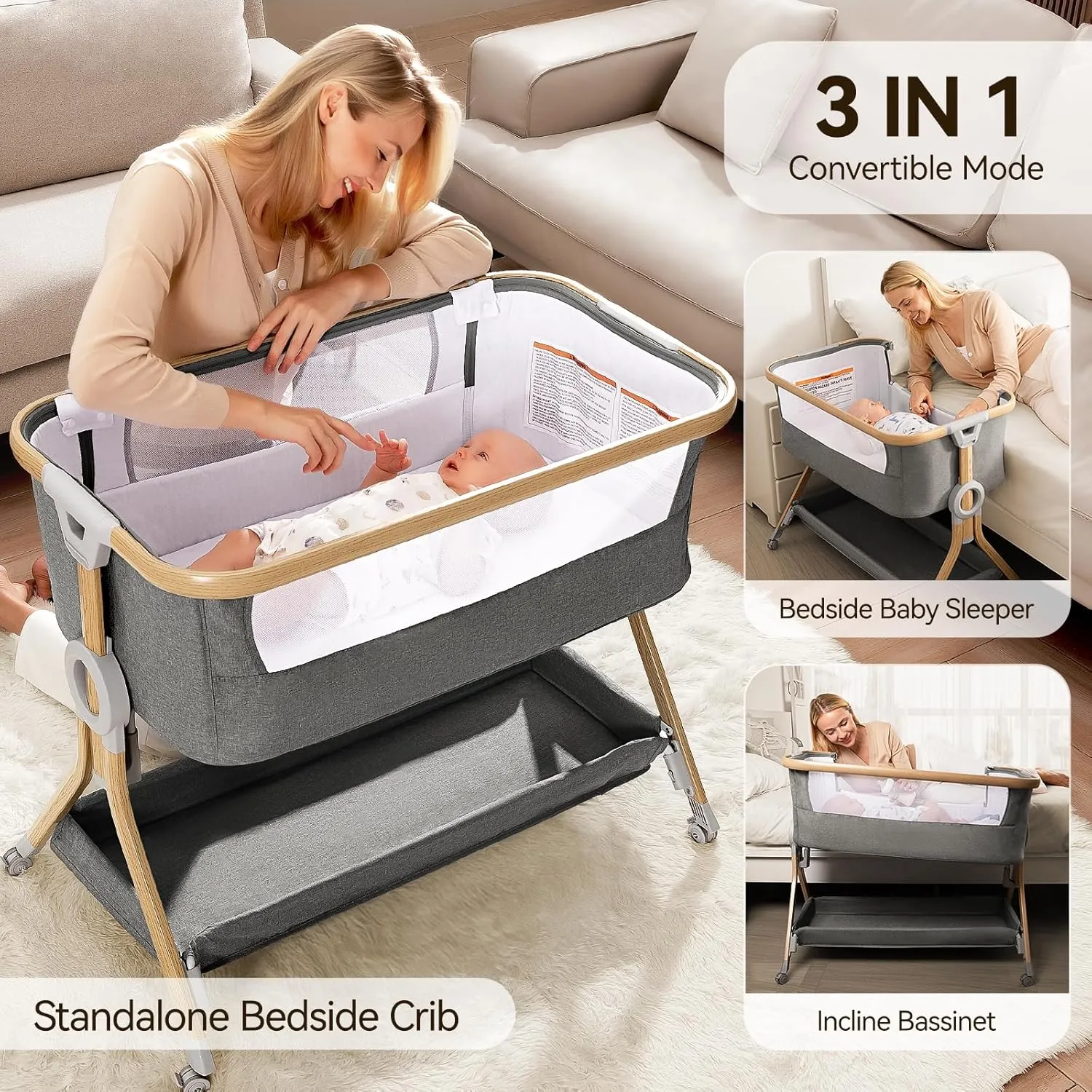Larex 3 in 1 Baby Bassinet Bedside Sleeper, Breathable Mesh Safe Bedside Bassinet for Baby, Easy Assemble and Folding Portable Crib, 5 Height Adjustable Bedside Crib with Storage Basket, Mattress
