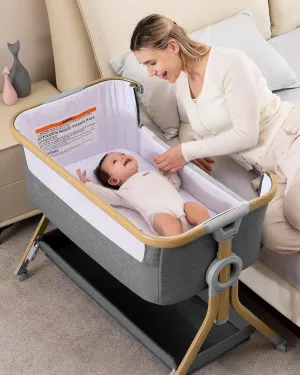 Larex 3 in 1 Baby Bassinet Bedside Sleeper, Breathable Mesh Safe Bedside Bassinet for Baby, Easy Assemble and Folding Portable Crib, 5 Height Adjustable Bedside Crib with Storage Basket, Mattress