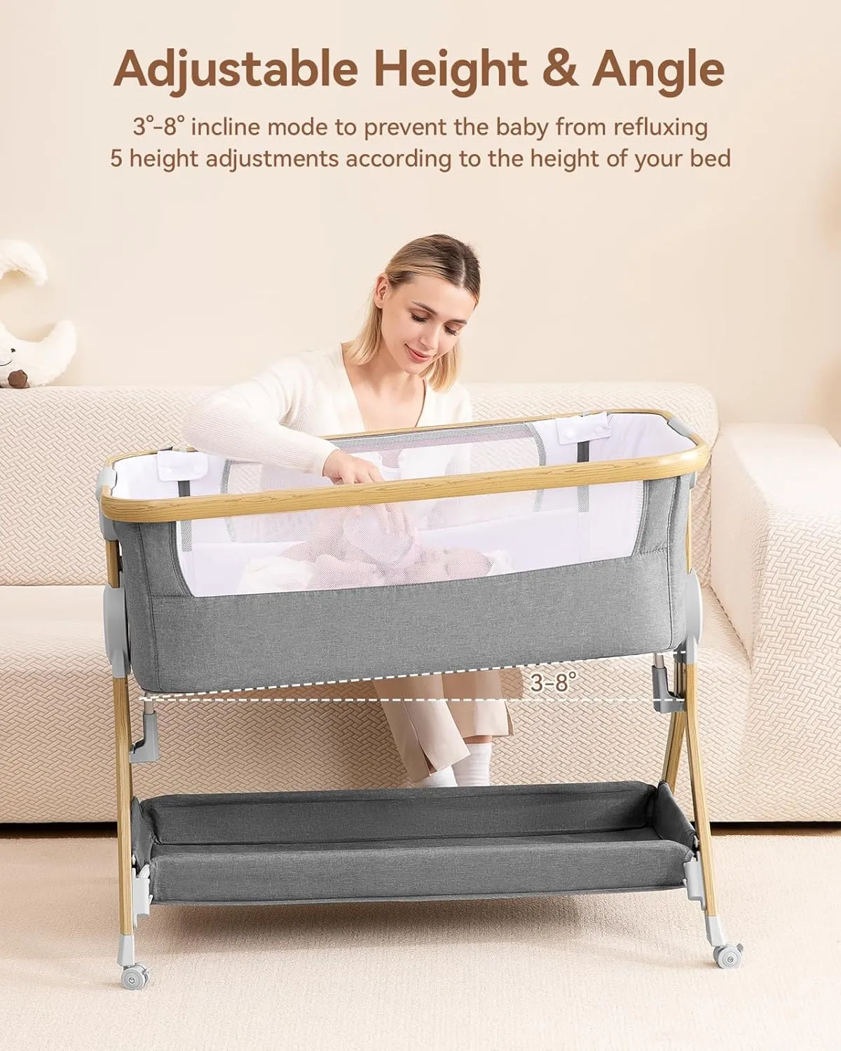 Larex 3 in 1 Baby Bassinet Bedside Sleeper, Breathable Mesh Safe Bedside Bassinet for Baby, Easy Assemble and Folding Portable Crib, 5 Height Adjustable Bedside Crib with Storage Basket, Mattress