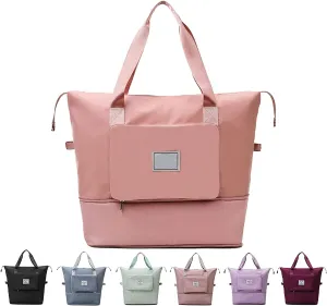 Large Capacity Folding Travel Bag, Foldable Travel Duffel Bag Dry and Wet Separation Sports Bag Travel Lightweight Waterproof Foldable Carry Luggage Duffel Tote Bag (Light Pink)