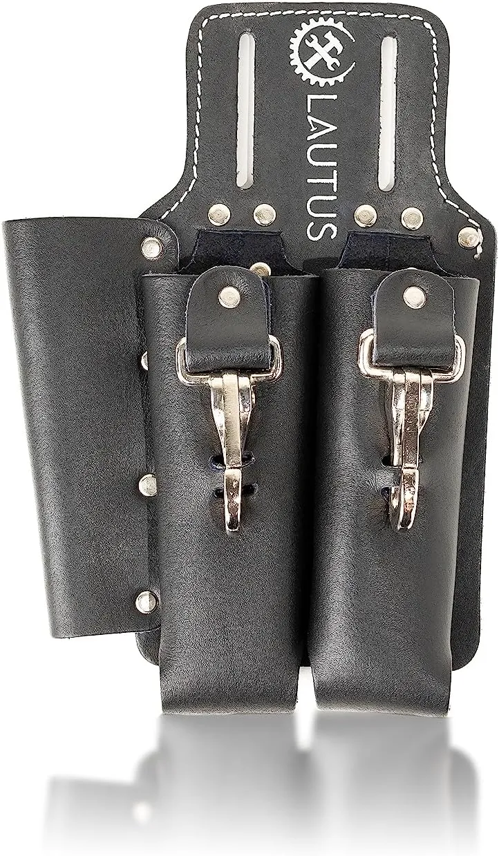 LAUTUS Leather Tool Holder with 3 Pockets for Pliers, Folding Rule, Screwdriver and Knife Snap, Fits Belts up to 2-Inch Wide