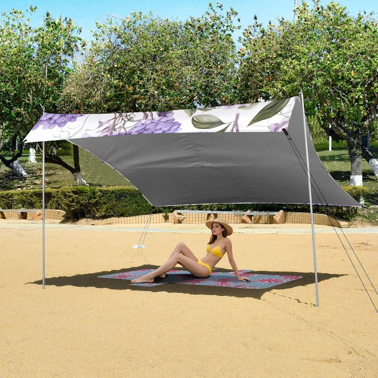 Lavender Floral Purple Print Canopy Beach Tent Outdoor Patio Sun Shade Shades Camping Sun Shelter 9.2 × 10.5 FT Waterproof with Poles Sandbags Easy