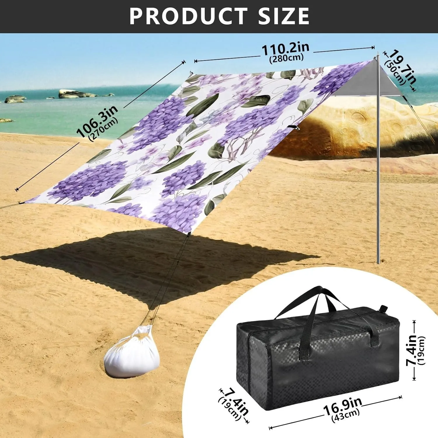Lavender Floral Purple Print Canopy Beach Tent Outdoor Patio Sun Shade Shades Camping Sun Shelter 9.2 × 10.5 FT Waterproof with Poles Sandbags Easy