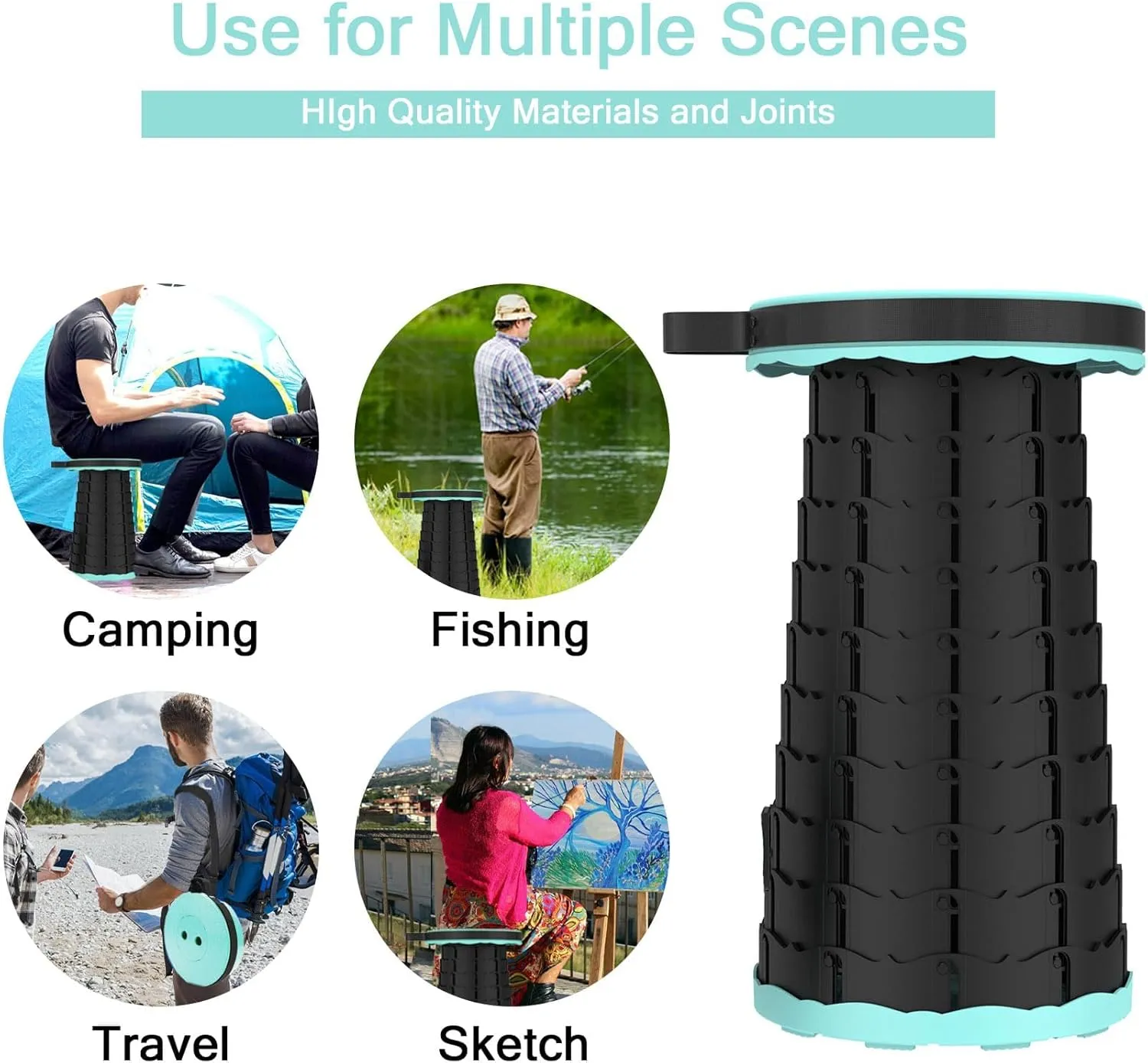 LB Portable Collapsible Retractable Folding Stool, Lightweight Telescoping Foldable Camping Stool for Adults for Outdoor Fishing Hiking Gardening Travel BBQ, Hunting, Indoor Activities (Teal Black)