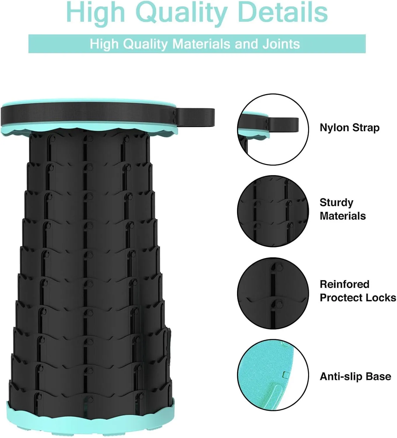 LB Portable Collapsible Retractable Folding Stool, Lightweight Telescoping Foldable Camping Stool for Adults for Outdoor Fishing Hiking Gardening Travel BBQ, Hunting, Indoor Activities (Teal Black)
