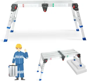 LEADALLWAY Work Platform Height Adjustment 43"(L) x12(W) x20(H) Step Stool Aluminum Platform Ladder with One-Touch Automatic Fold 330 Lbs Capacity