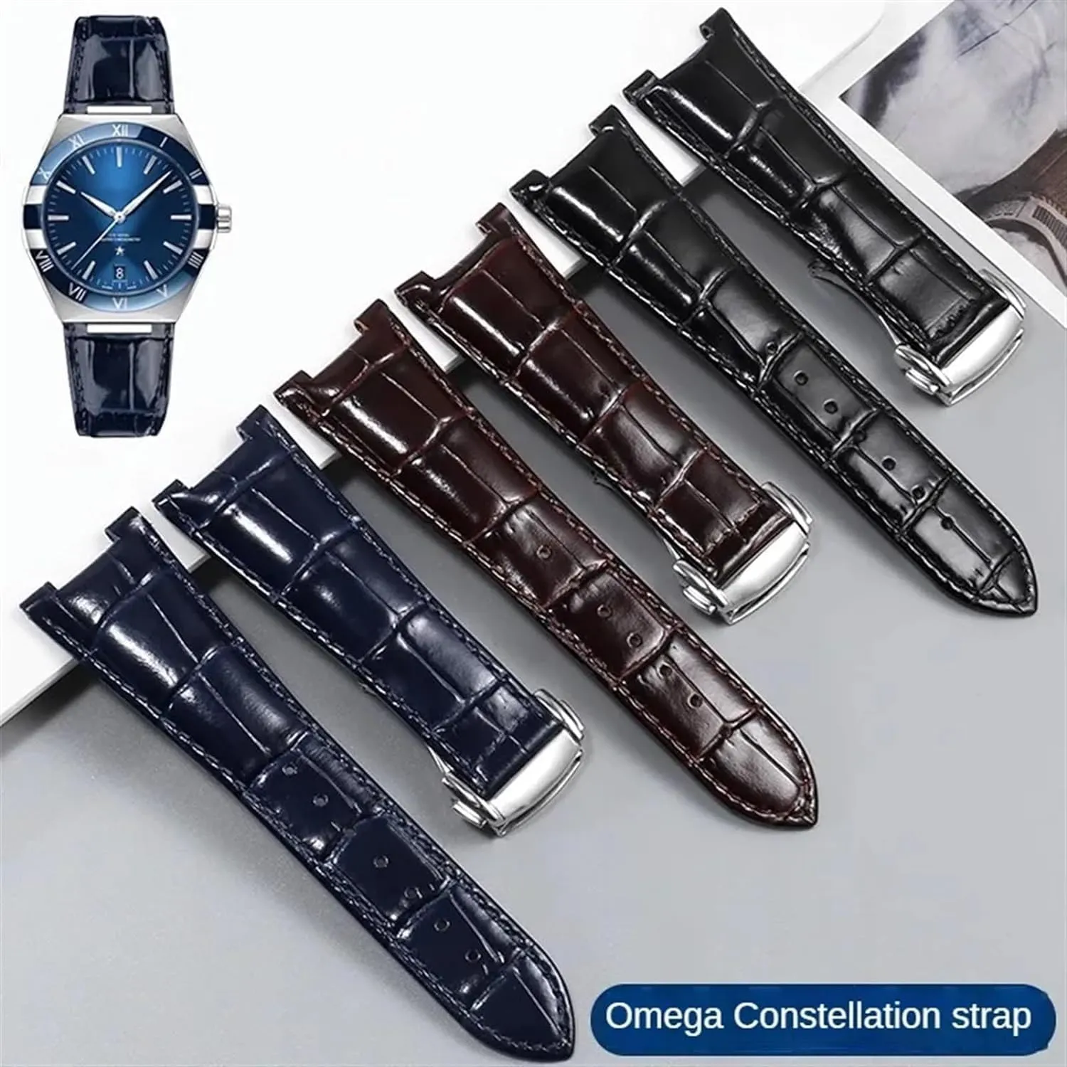 Leather Watch Strap For Omega Constellation Series Men Concave Interface Watchband With Folding Buckle