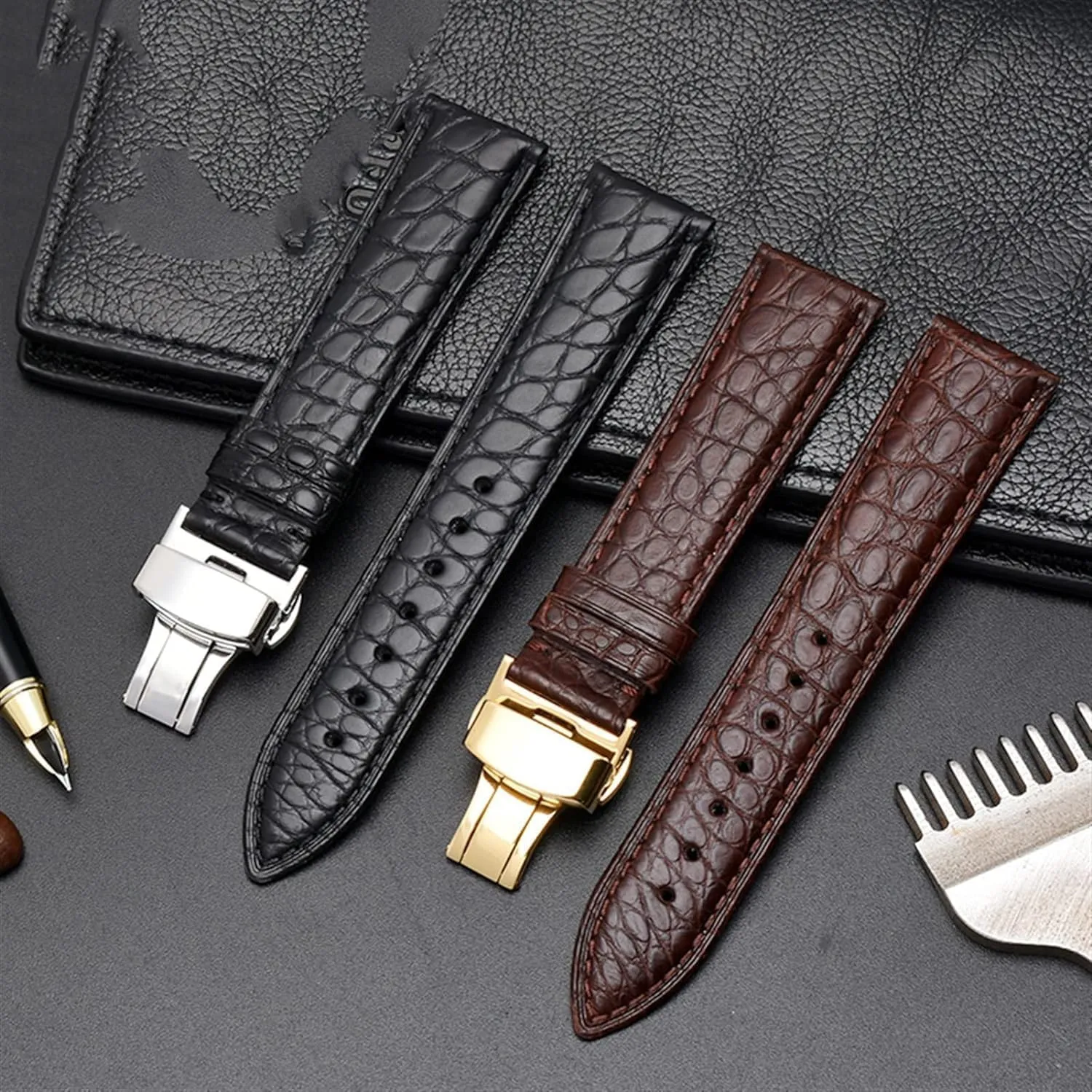 Leather watchband for any brand wristband watch straps with folding clasp