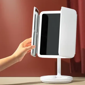 LED Lighted Portable Folding Makeup Mirror - Smart Makeup Mirror with 2X and 2X Magnifier - Tri-Color Light, Time Display, Multi-Function Rotary Button, Large 11" Mirror