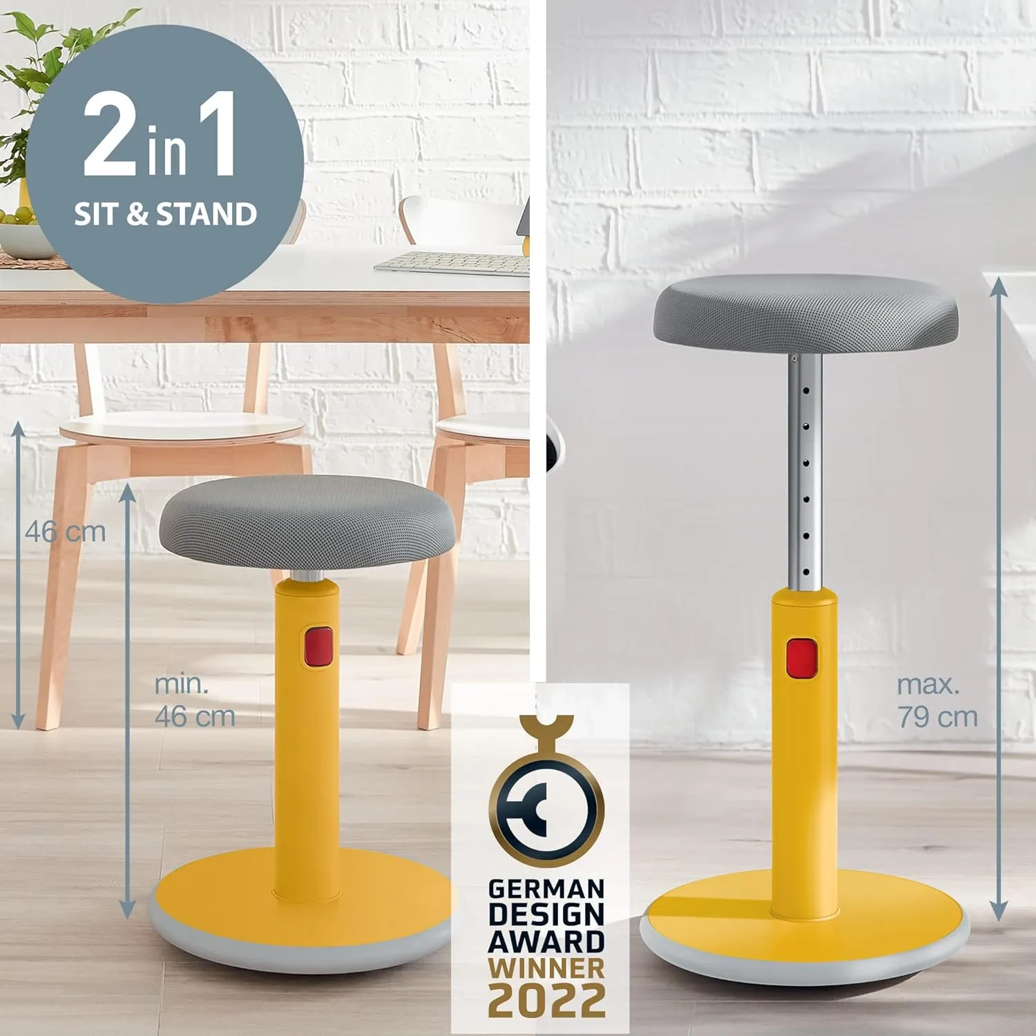 Leitz Active Sit Stand Stool - Ergonomic Height Adjustable 46cm to 79cm Wobble Chair, Round Swivel Office Desk Seat, Ergo Cosy Range, Warm Yellow, 65180019