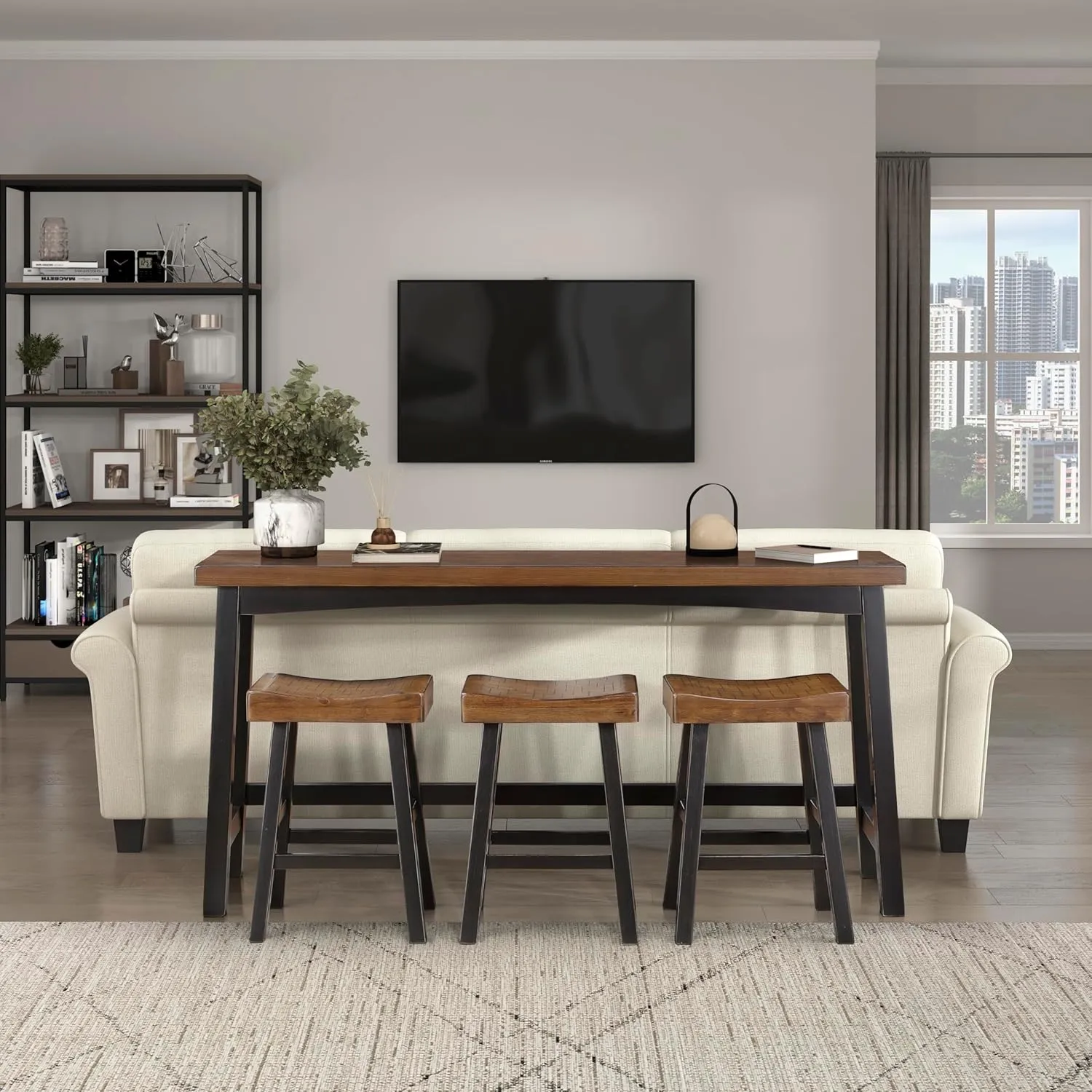 Lexicon Bar Table Set for 3, Small Kitchen Table Set Kitchen Island Table with 3 Saddle Bar Stools, 4 Piece Dining Table Set for Breakfast Nook, Living Room, Apartment, Counter Height, Black/Brown