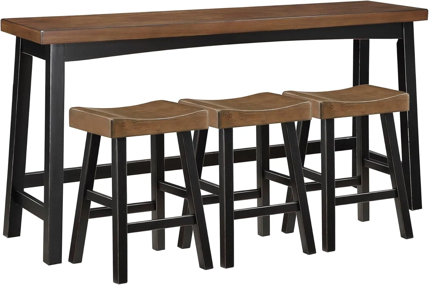 Lexicon Bar Table Set for 3, Small Kitchen Table Set Kitchen Island Table with 3 Saddle Bar Stools, 4 Piece Dining Table Set for Breakfast Nook, Living Room, Apartment, Counter Height, Black/Brown