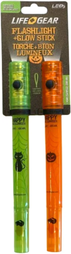 Life Gear Halloween Flashlight Glow Stick w Whistle and Lanyard, 2 Pieces