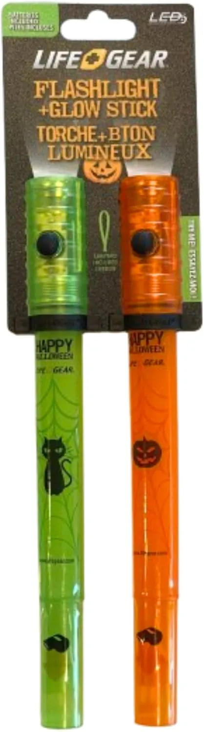 Life Gear Halloween Flashlight Glow Stick w Whistle and Lanyard, 2 Pieces