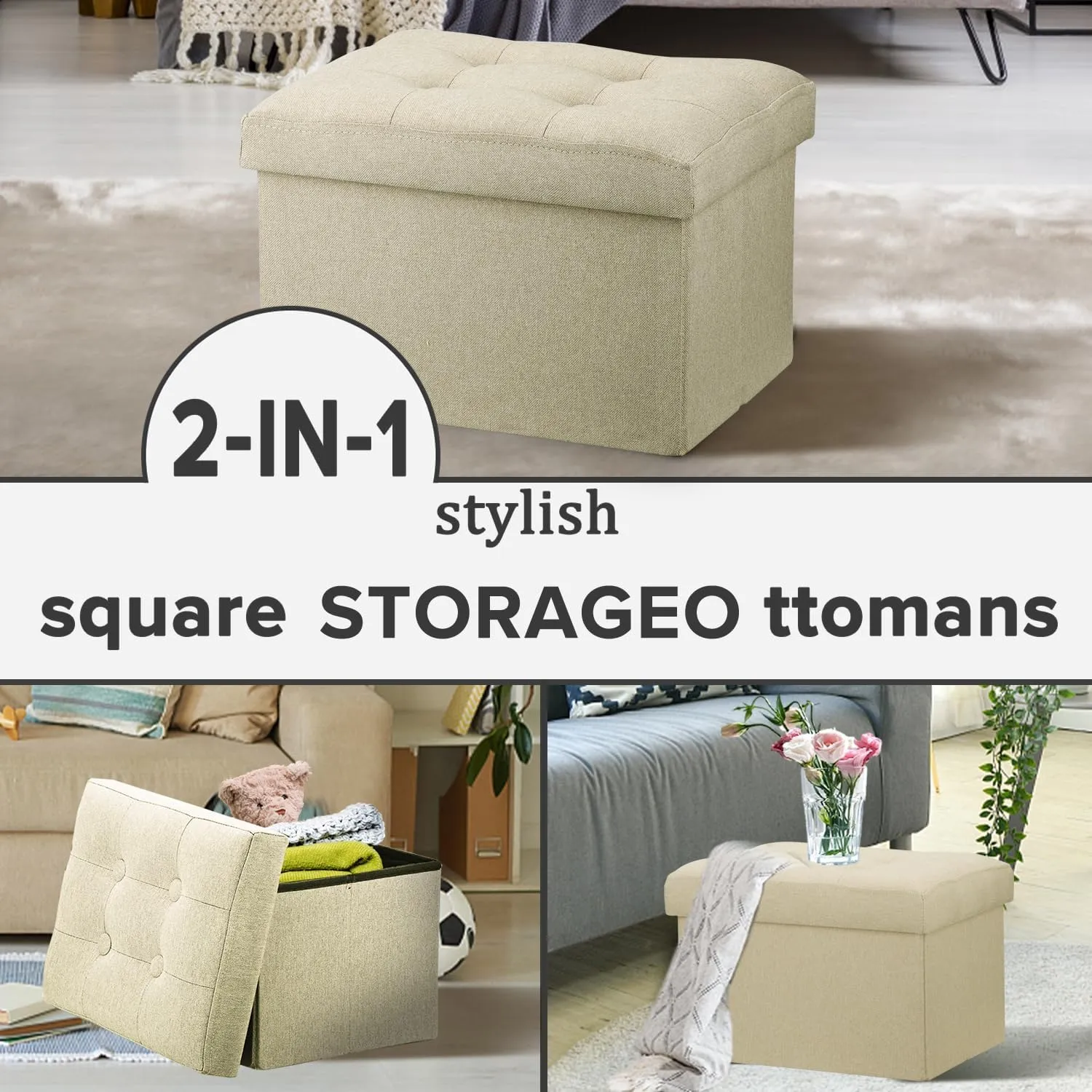 LINMAGCO Small Storage Ottoman Stool - Folding Foot Rest Under Desk Stool - 16X12X12IN Linen Cloth Beigh