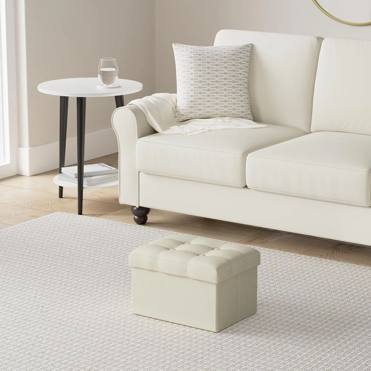 LINMAGCO Small Storage Ottoman Stool - Folding Foot Rest Under Desk Stool - 16X12X12IN Linen Cloth Beigh