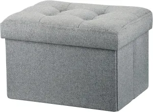 LINMAGCO Small Storage Ottoman Stool Foot Rest Stool Under Desk Stool Short Ottoman Folding Ottoman Linen Cloth Light Gray 16X12X12IN