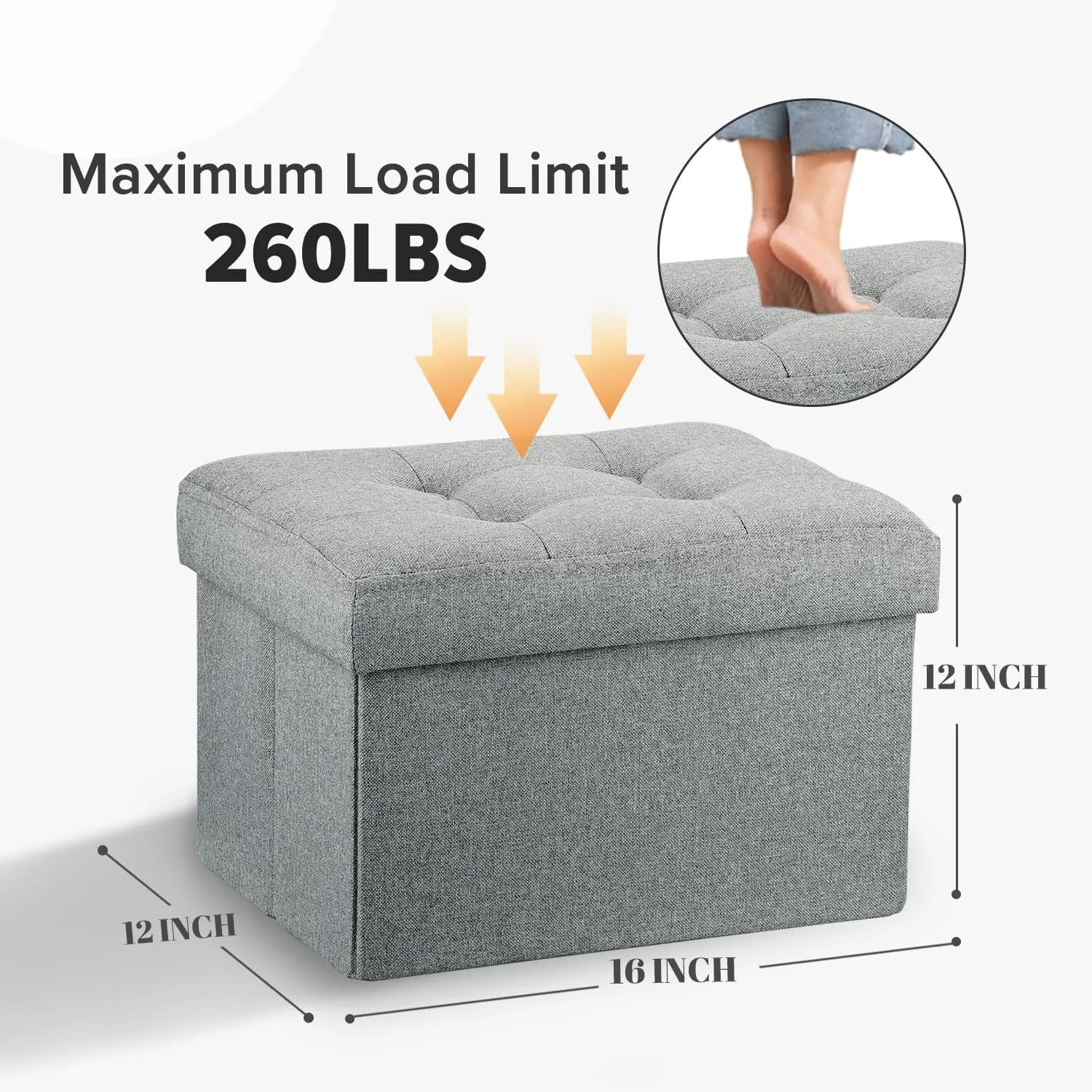 LINMAGCO Small Storage Ottoman Stool Foot Rest Stool Under Desk Stool Short Ottoman Folding Ottoman Linen Cloth Light Gray 16X12X12IN