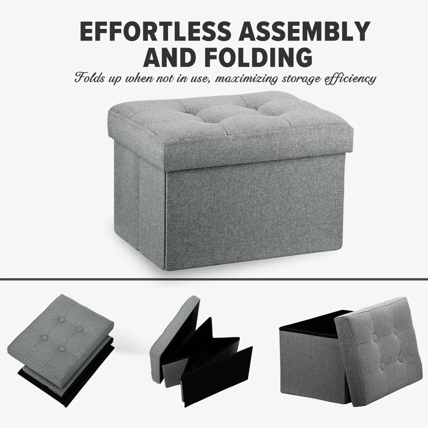 LINMAGCO Small Storage Ottoman Stool Foot Rest Stool Under Desk Stool Short Ottoman Folding Ottoman Linen Cloth Light Gray 16X12X12IN