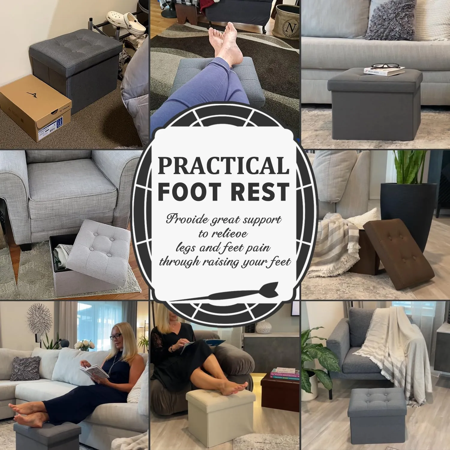 LINMAGCO Small Storage Ottoman Stool Foot Rest Stool Under Desk Stool Short Ottoman Folding Ottoman Linen Cloth Light Gray 16X12X12IN